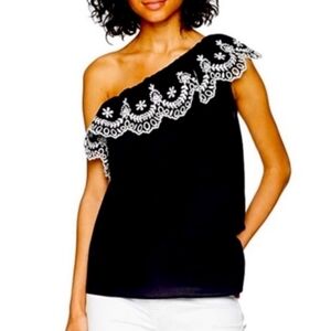 NWT Kate Spade One Shoulder embroidered ruffled black top